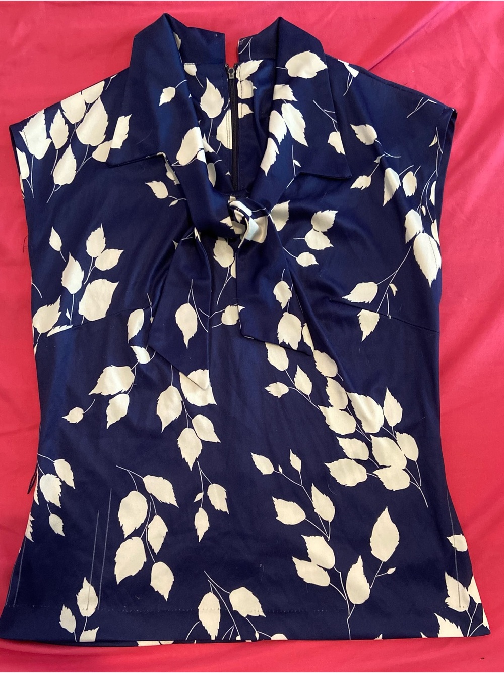 Vintage Navy and Ivory Tie-Neck Leaf Print Blouse